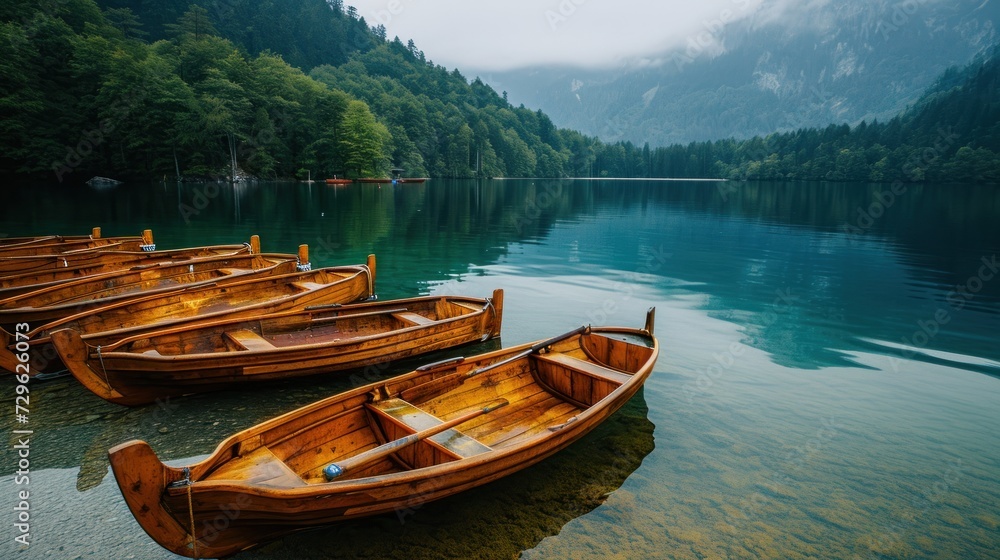  a group of wooden boats sitting on top of a lake next to a lush green forest covered mountain covered forest covered in clouds and mist covered in a blue sky.