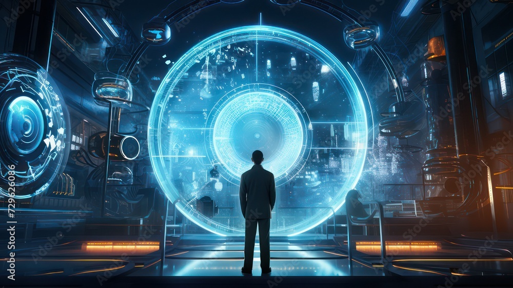 Man standing in front of a round blue glowing portal created with Generative AI Man standing in front of a round blue glowing portal created with Generative AI