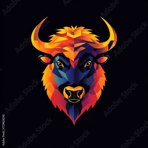 Flat colorful abstract bison logo on a black background. Abstract style.