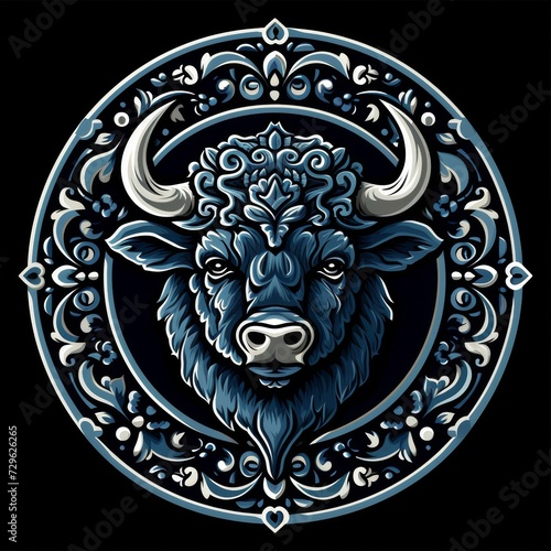 Flat logo bison azulejo style on a black background. Azulejo style