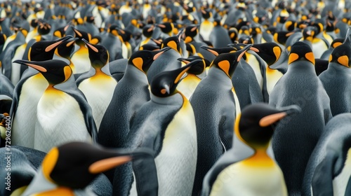  a large group of penguins standing next to each other in the middle of a large group of penguins, all looking in different directions, with one of them facing the same direction.