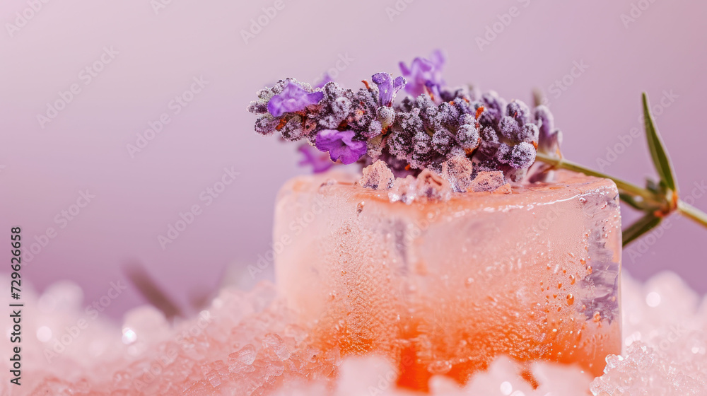 a close up of a piece of ice with a bunch of flowers on top of it and water droplets around the edges of the ice and on top of the ice. a close up of a piece of ice with a bunch of flowers on top of it and water droplets around the edges of the ice and on top of the ice.