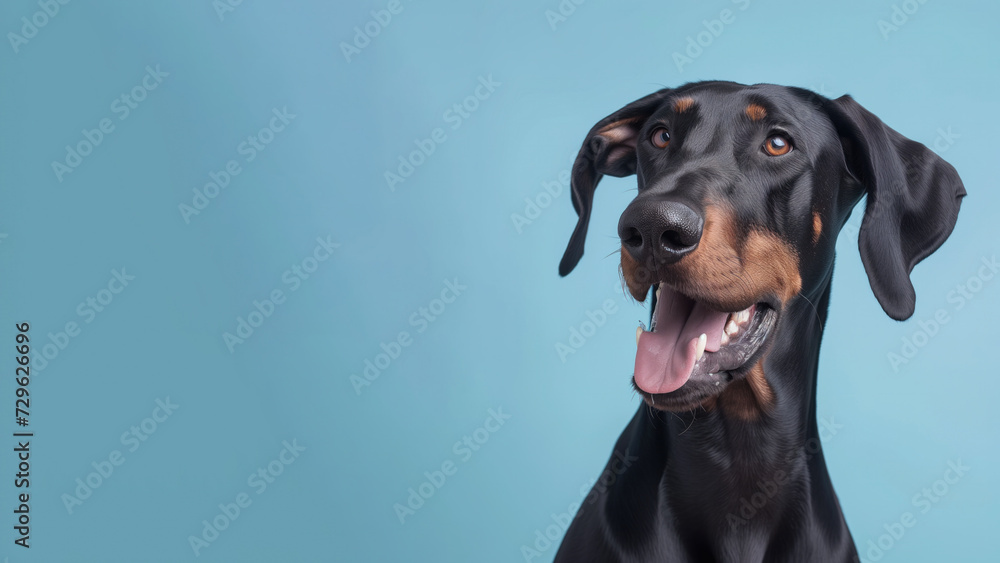 Portrait of a black doberman dog on blue background with copy space for text