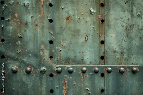 Old metal green military armor background with bullet holes