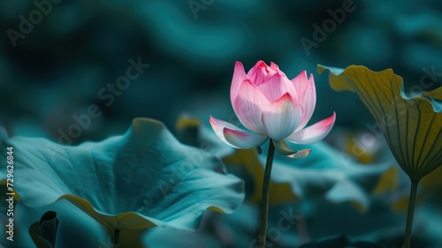  a pink flower sitting on top of a lush green leaf covered field of waterlily plants in front of a blurry background of blue and green leafy foliage.