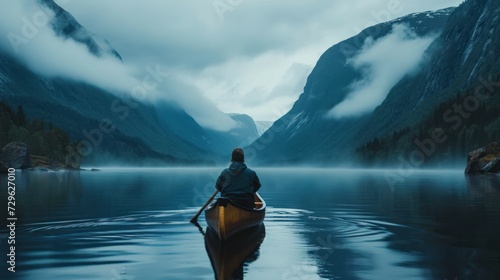  a person paddling a canoe on a lake in the middle of a mountain range in the distance, with mountains in the distance, and fog in the foreground. © Anna