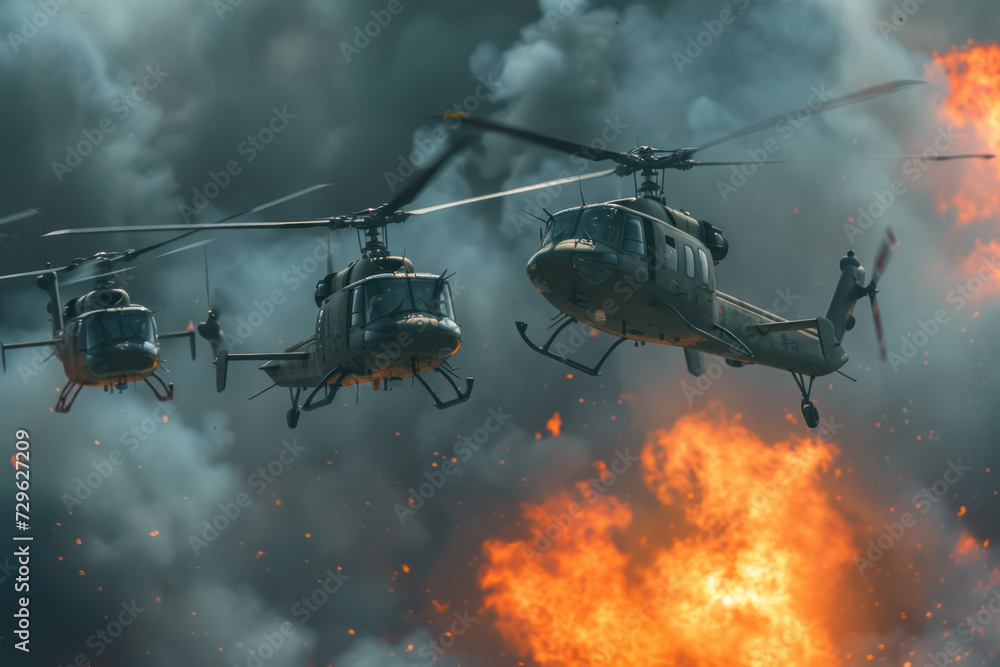 Military helicopters fly in formation during a demonstration with fire & smoke below