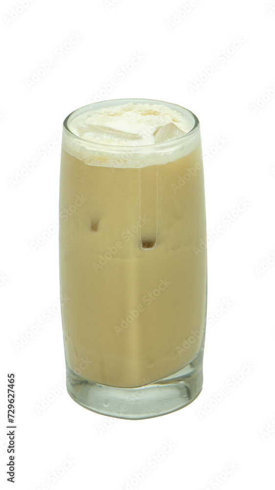 Latte macchiato coffee in a transparent glass cup with ice cubes isolated on a white background Latte macchiato coffee in a transparent glass cup with ice cubes isolated on a white background