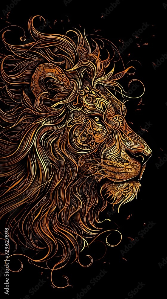 Fiery Ornate Lion Illustration in Amber Tones - A Luxurious and Powerful Smartphone Wallpaper