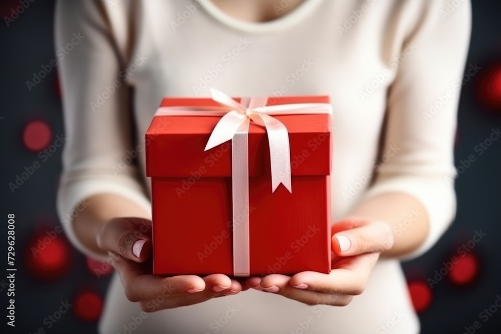 Women's hands with red holiday gift box with white ribbon. Front view with copy space, Valentine's day, Mother's day, Women's Day and love concept Women's hands with red holiday gift box with white ribbon. Front view with copy space, Valentine's day, Mother's day, Women's Day and love concept