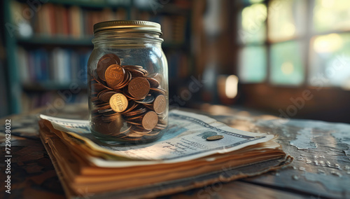 a jar with coins and note with budget in it