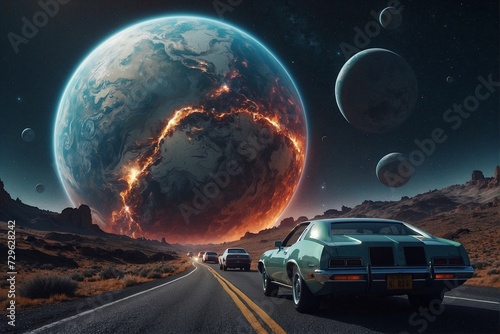 Car Driving Down Road Next to Planet. Generative AI.