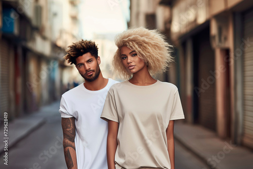 Man and woman wearing blank white and beige t-shirt photo