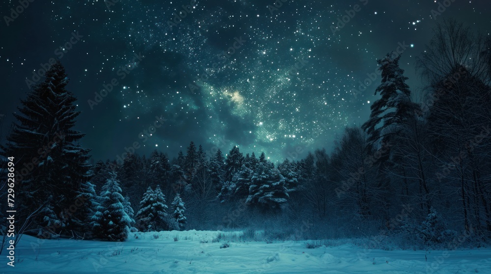 the night sky is filled with stars and the trees are covered in snow and snowflakes are in the foreground and in the foreground are snow - capped evergreens. the night sky is filled with stars and the trees are covered in snow and snowflakes are in the foreground and in the foreground are snow - capped evergreens.