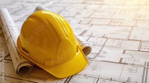 a yellow safety helmet tilts over a rolled-up blueprint, resting atop a flat blueprint
