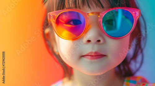 asian girl with big eye glasses. Portrait of attractive cheerful girl wearing large funky pink specs. Asian girl with cool big glasses.