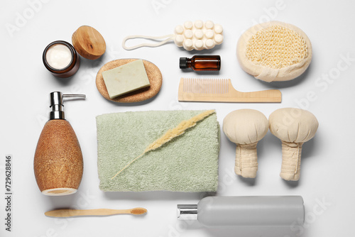 Bath accessories. Different personal care products and dry spikelet on white background, flat lay