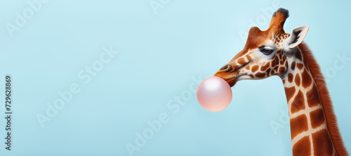 Modern art collage. Concept giraffe with bubble gum on color background. Funny animals. photo