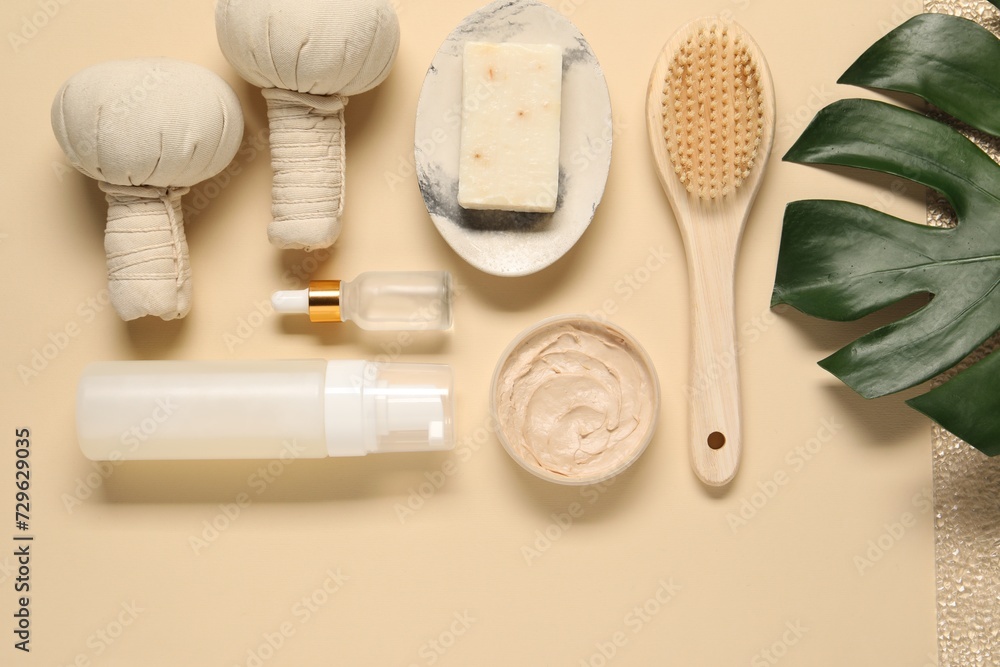 Bath accessories. Flat lay composition with personal care products on beige background Bath accessories. Flat lay composition with personal care products on beige background