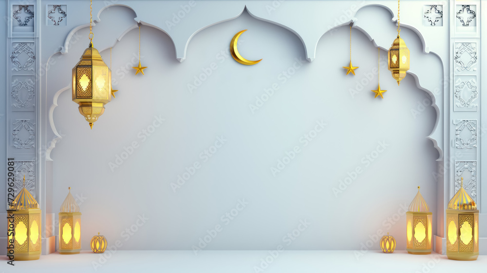 ramadan lanterns decorative background, for holy month, with moon, islamic design, arabic culture, celebration, white background, with copy space for text - obrazy, fototapety, plakaty 