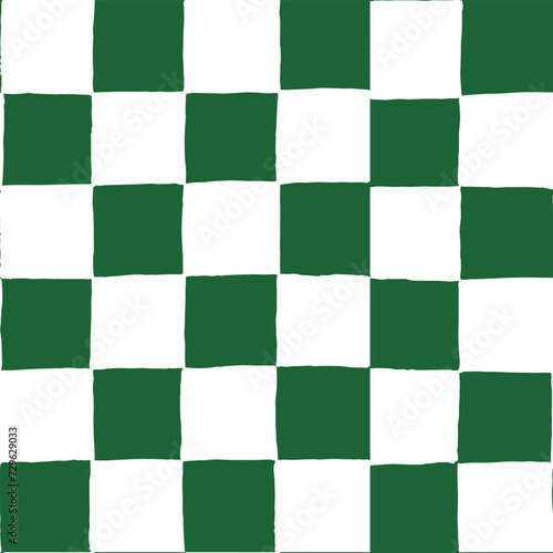 Seamless vector repeating pattern with hand drawn checkerboard in green and white. St Patricks day, spring green, gardening background.