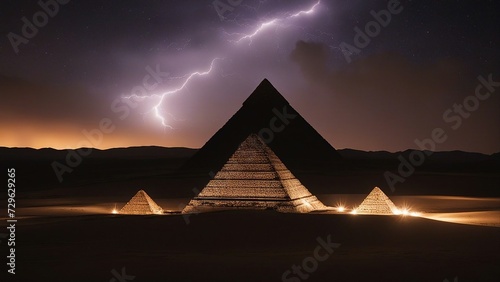 pyramid in the night A cosmic dance of forces  where the pyramid and lightning are partners. The pyramid is brown and ancient 