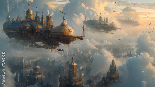 steampunk airship armadacloud cities and sky pirates a fleet of grand airships navigating between fl Generative AI #729629280
