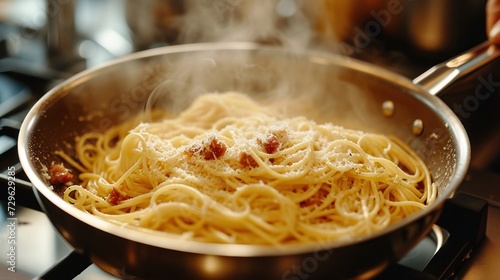  spaghetti being cooked in a wok on a stove with steam coming out of the top of the wok and steam coming out of the bottom of the wok.