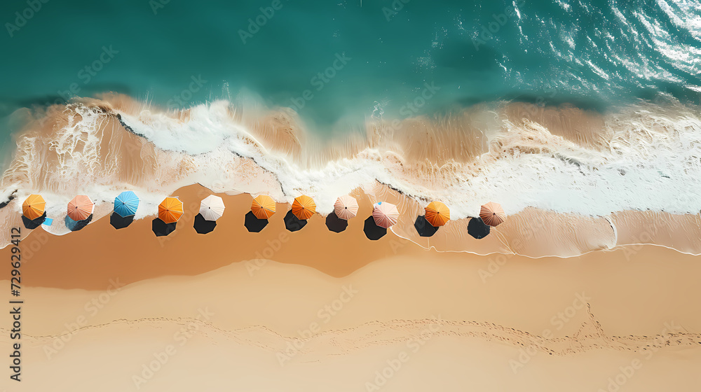 Fototapeta premium Aerial view of beautiful beach, simple, calm composition in clear blue
