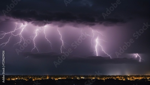 lightning over the city A city glows with life as a lightning storm flashes in the purple sky 