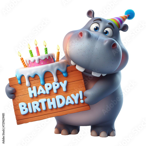 Cute Animal 3D Hippo Holding 'Happy Birthday' Board and Wearing Party Cap Cartoon: Isolated on Transparent Background - Clipart PNG Sticker Design photo