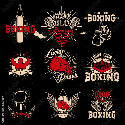 Boxing. Boxing club labels on grunge background. T-shirt print template. Design elements for logo, labe, emblem.