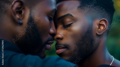 African american gay couple embracing. Black queer couple hugging at pride festival. Male couple cuddling with their eyes closed. AI generated
