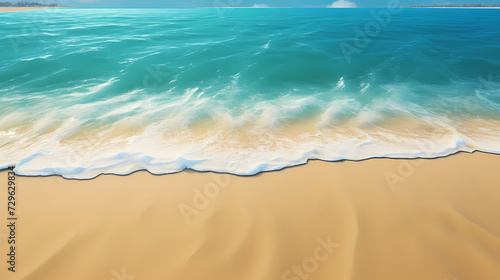 Sandy beach with light blue transparent water waves and sunlight  tranquil aerial beach scene