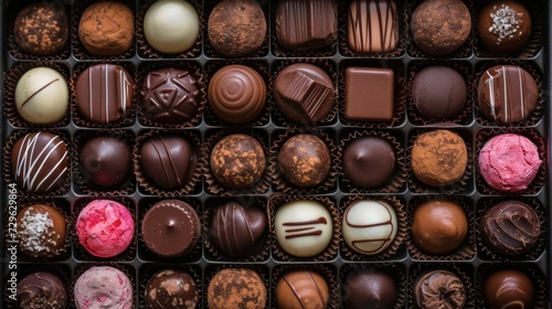  a box of assorted chocolates with pink and white frosting on the top of the chocolates in the middle of the box is a variety of chocolates.
