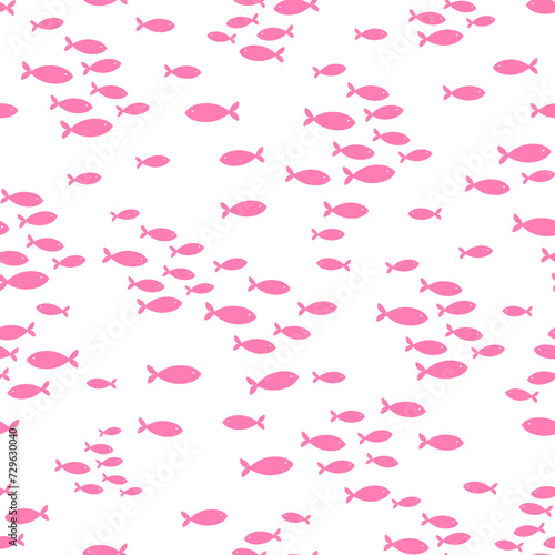 Seamless vector repeat pattern with tiny pink fish schools groups swimming on white background. Coastal, swim, poolside, tropical backdrop