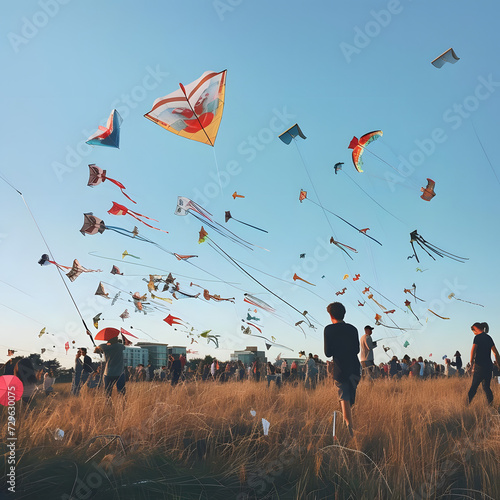 field agroup of enthusiasts flying kites withlaughter and cheers filling the air joyful gathering re Generative AI photo