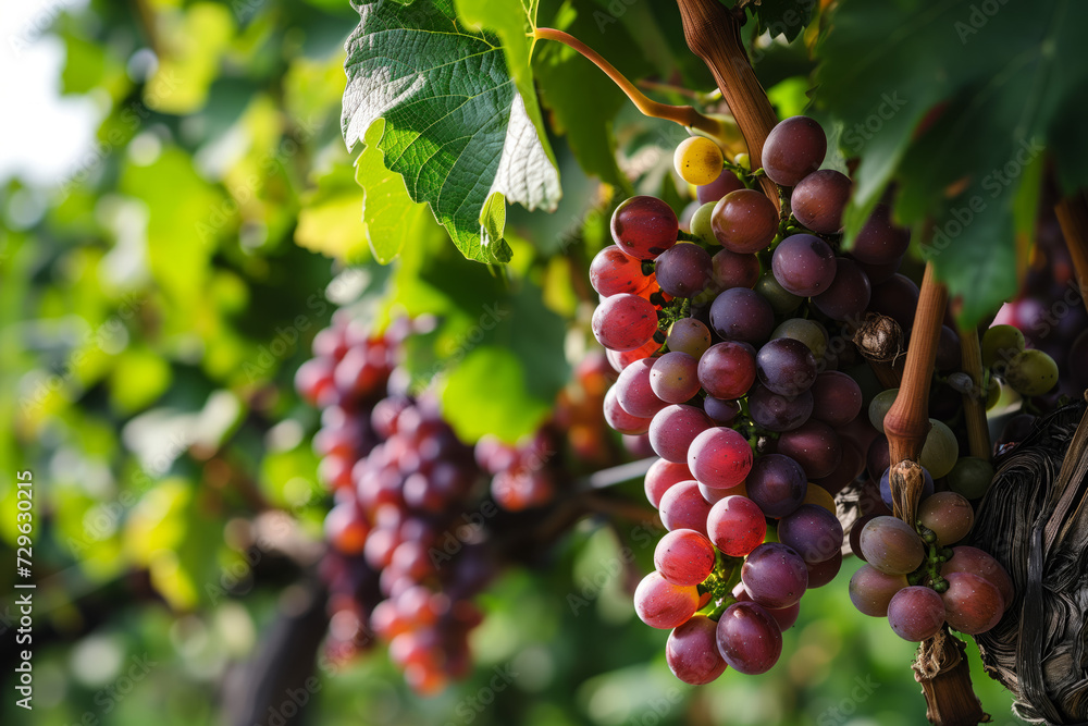 dark red grapes in a vineyard with green leaves during the daytime. Bunches of wine dark red grapes on a vineyard, vineyard fruit farm, organic farm