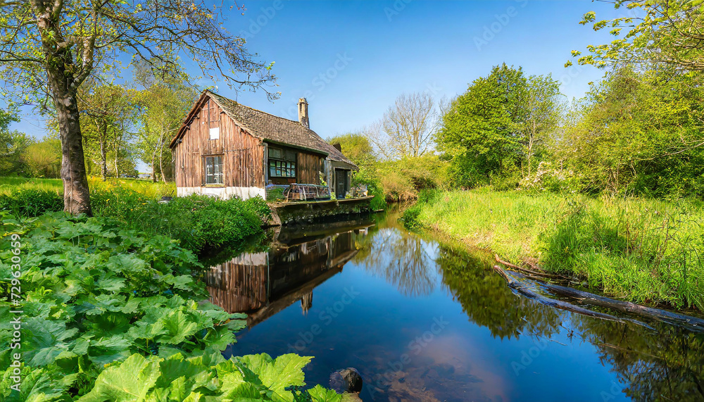 A peaceful non-urban cottage nestles beside a babbling brook. The gentle flow of water and the rustle of leaves create a soothing melody in this idyllic countryside escape.