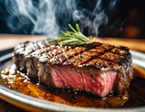 A mouthwatering steak, perfectly seared and juicy, releases an irresistible scent. The sizzle on the grill hints at the savory delight that awaits with each tender slice.