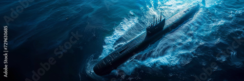 Generic military nuclear submarine floating in the middle of the ocean while shooting an undersea torpedo missile, wide banner with copy space area