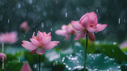  a couple of pink flowers sitting on top of a lush green leaf covered field of water lilies with drops of rain falling on the tops of the tops of the flowers.