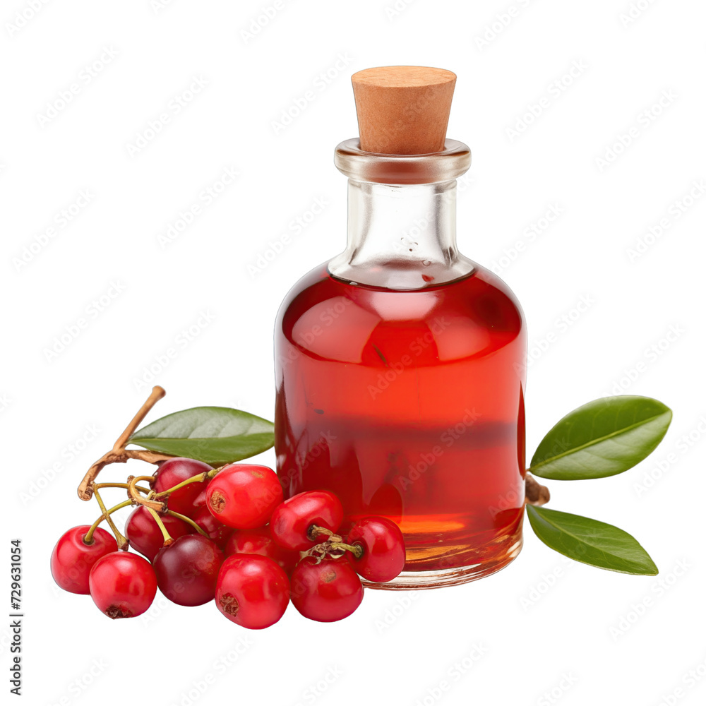 fresh raw organic barbados cherry oil in glass bowl png isolated on white background with clipping path. natural organic dripping serum herbal medicine rich of vitamins concept. selective focus
