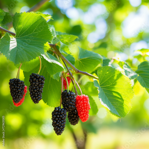close-up of a fresh ripe mulberry hang on branch tree. autumn farm harvest and urban gardening concept with natural green foliage garden at the background. selective focus photo