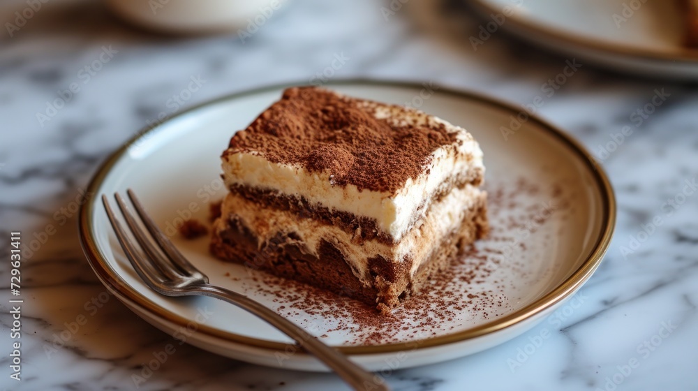 a piece of cake sitting on top of a white plate next to a fork and a cup of coffee on top of a white and black and white marble table. a piece of cake sitting on top of a white plate next to a fork and a cup of coffee on top of a white and black and white marble table.