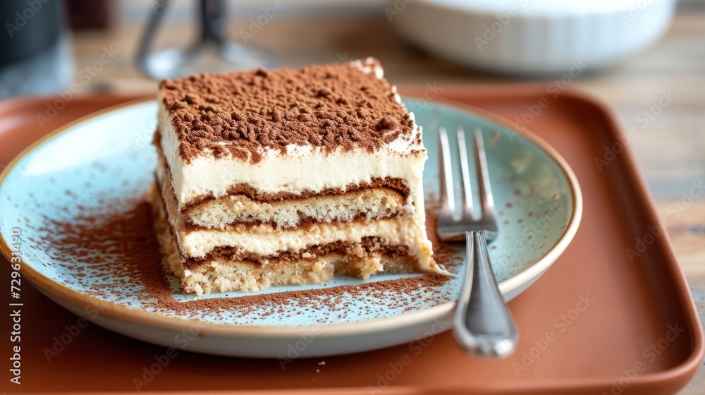 a piece of cake sitting on top of a blue plate with a knife and fork next to it on top of a brown and white plate on a wooden table. a piece of cake sitting on top of a blue plate with a knife and fork next to it on top of a brown and white plate on a wooden table.