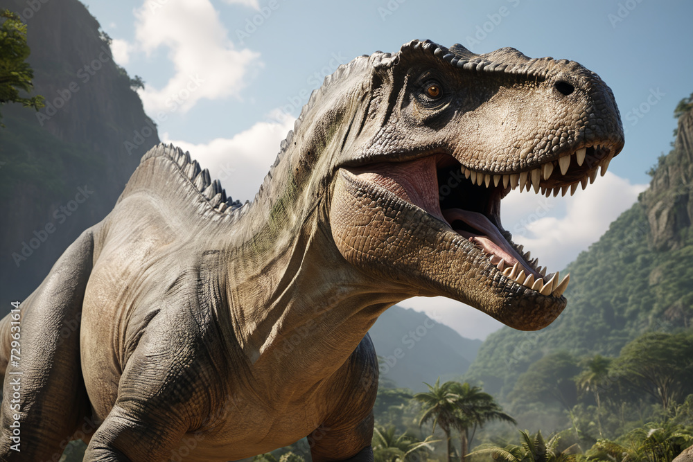 Fototapeta premium Dangerous roaring dinosaur in prehistoric age