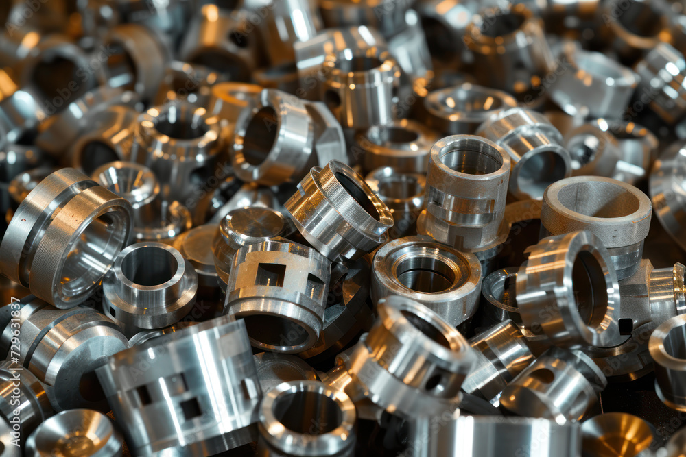 A pile of metal parts, CNC machine blanks. Pile of many CNC turning engineering parts A pile of metal parts, CNC machine blanks. Pile of many CNC turning engineering parts