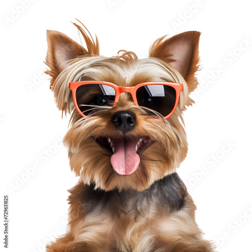 Beautiful Yorkshire Terrier, a happy dog with sunglasses, all set for the beach this summer, Isolated on Transparent Background, PNG