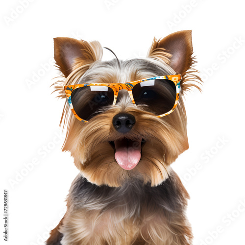 The beautiful Yorkshire Terrier, a happy dog with sunglasses, is beach-ready this summer, Isolated on Transparent Background, PNG